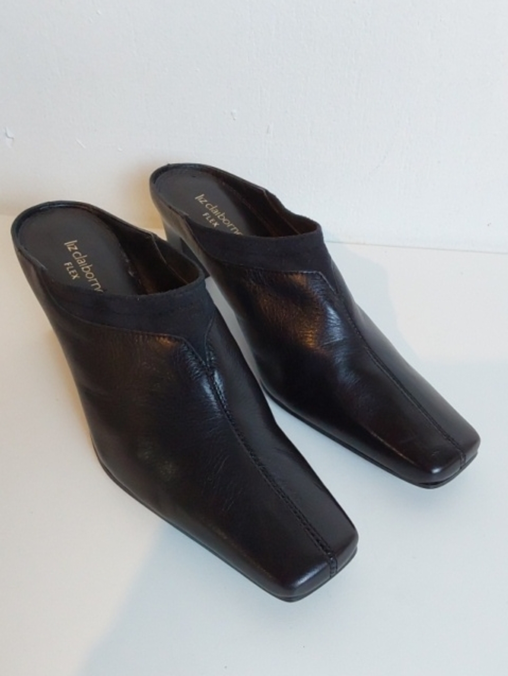 Liz Claiborne Flex|Black Margarete Leather Slip-On Mule Heels Square Toe Sz.8